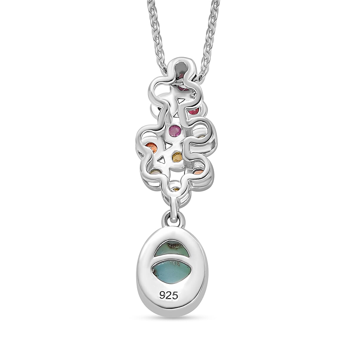 Natural Teal Green Larimar & Multi Sapphire Pendant with Chain (Size - 20) in Rhodium Overlay Sterling Silver 1.20 Ct.