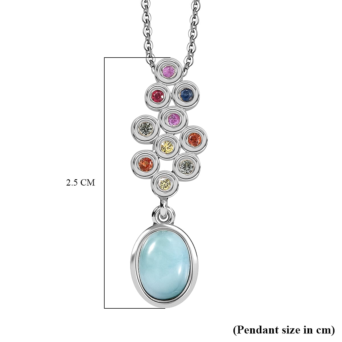 Natural Teal Green Larimar & Multi Sapphire Pendant with Chain (Size - 20) in Rhodium Overlay Sterling Silver 1.20 Ct.