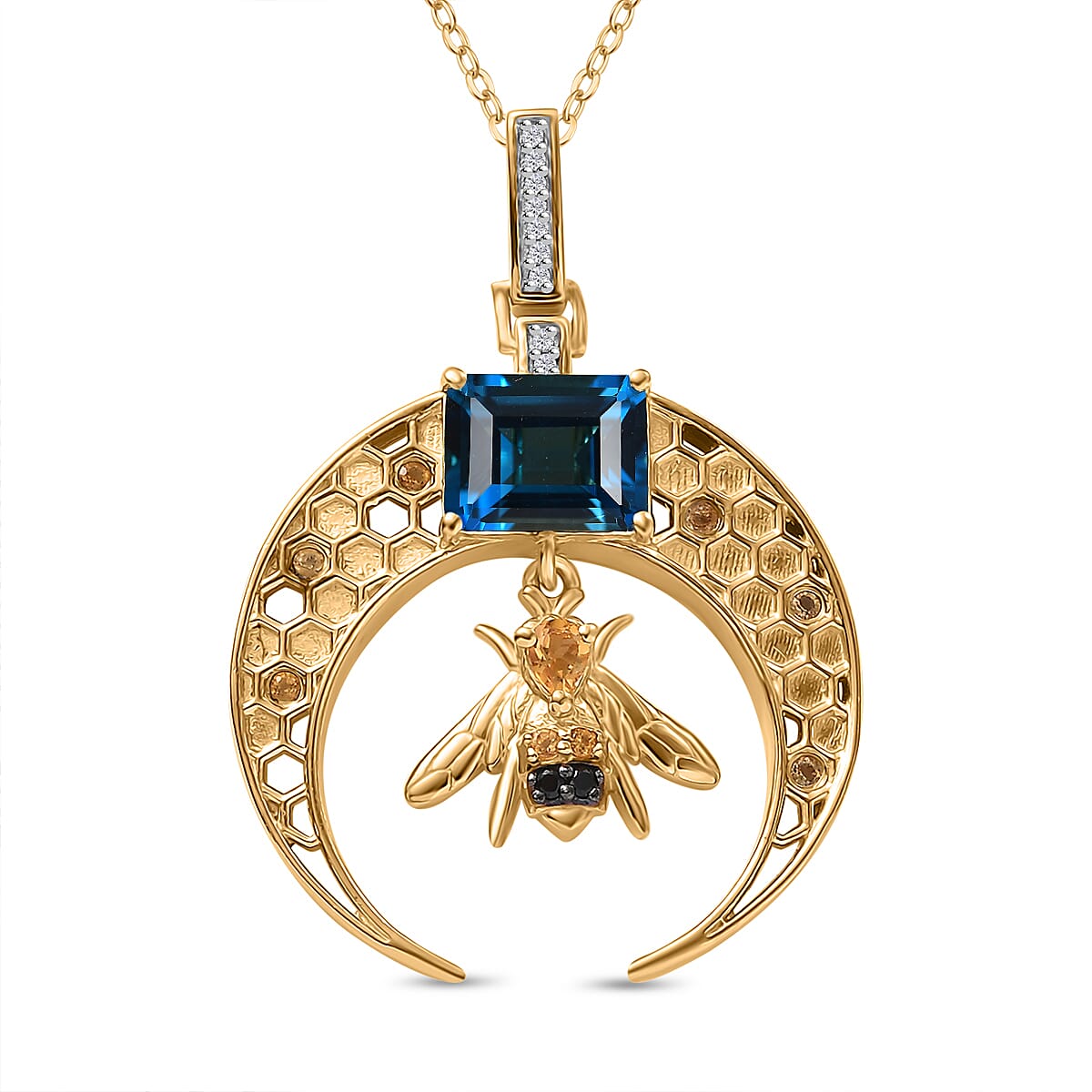 GP Honeycomb Collection - London Blue Topaz, Citrine, White Zircon, Blue Sapphire, Black Spinel Pendant with Chain (Size 20) in 18K Vermeil Yellow Gold Sterling Silver 3.90 Ct.