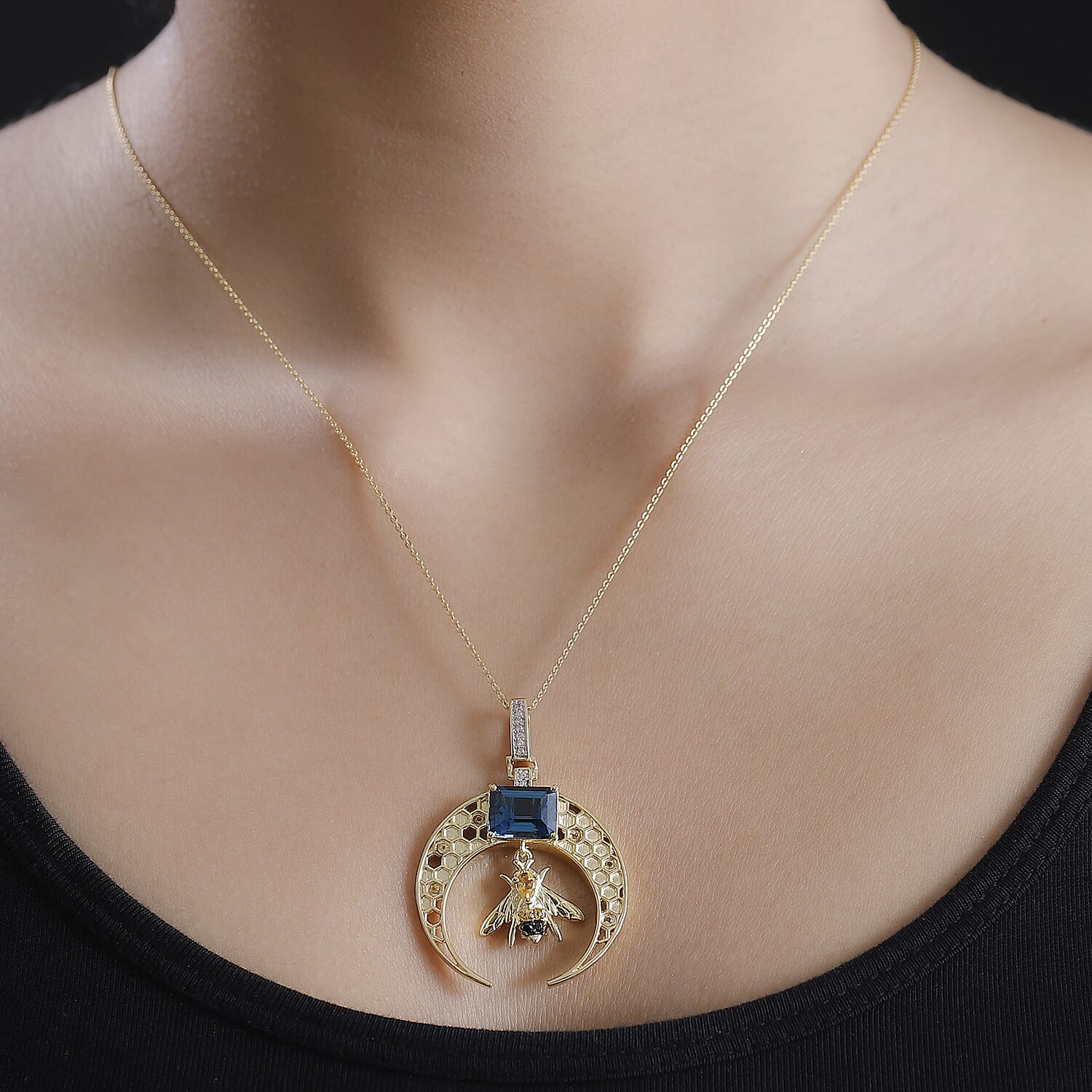 GP Honeycomb Collection - London Blue Topaz, Citrine, White Zircon, Blue Sapphire, Black Spinel Pendant with Chain (Size 20) in 18K Vermeil Yellow Gold Sterling Silver 3.90 Ct.
