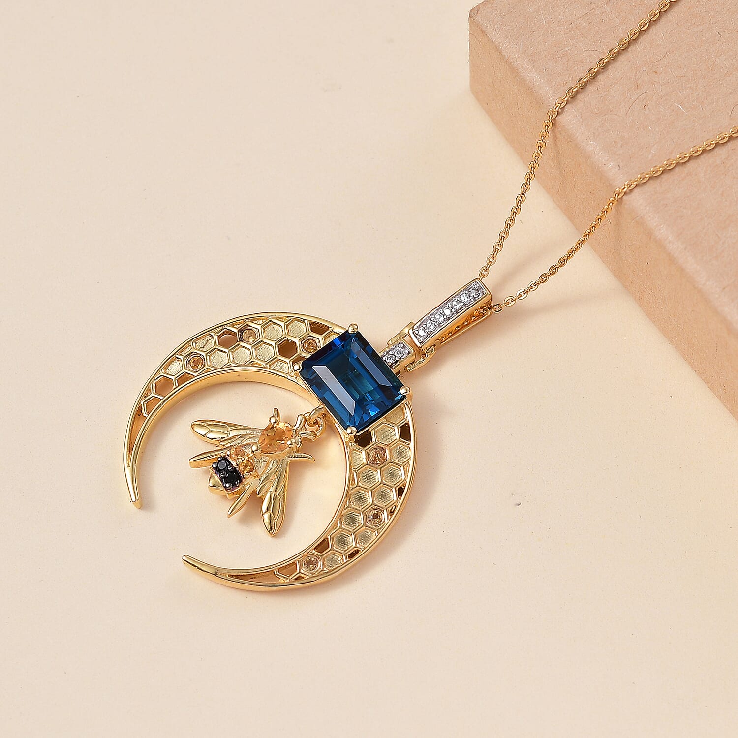 GP Honeycomb Collection - London Blue Topaz, Citrine, White Zircon, Blue Sapphire, Black Spinel Pendant with Chain (Size 20) in 18K Vermeil Yellow Gold Sterling Silver 3.90 Ct.