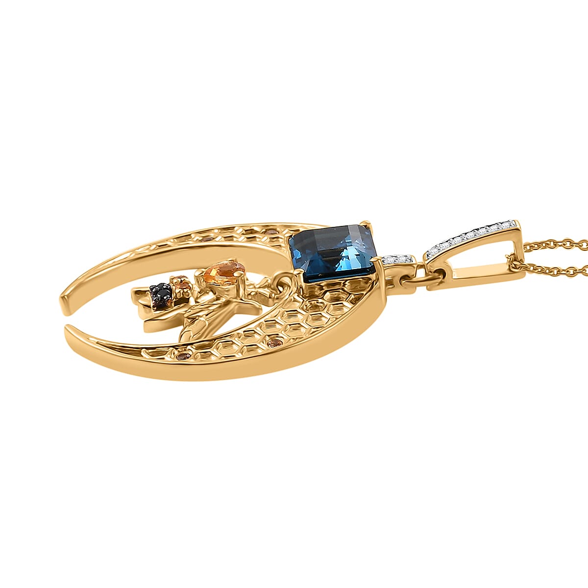 GP Honeycomb Collection - London Blue Topaz, Citrine, White Zircon, Blue Sapphire, Black Spinel Pendant with Chain (Size 20) in 18K Vermeil Yellow Gold Sterling Silver 3.90 Ct.