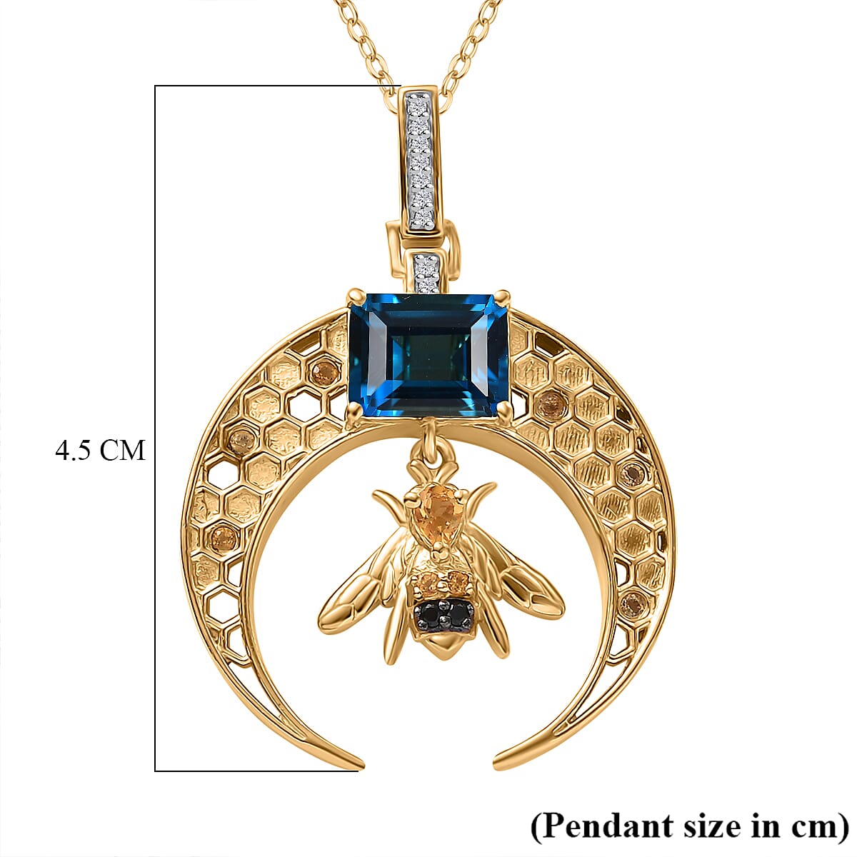 GP Honeycomb Collection - London Blue Topaz, Citrine, White Zircon, Blue Sapphire, Black Spinel Pendant with Chain (Size 20) in 18K Vermeil Yellow Gold Sterling Silver 3.90 Ct.