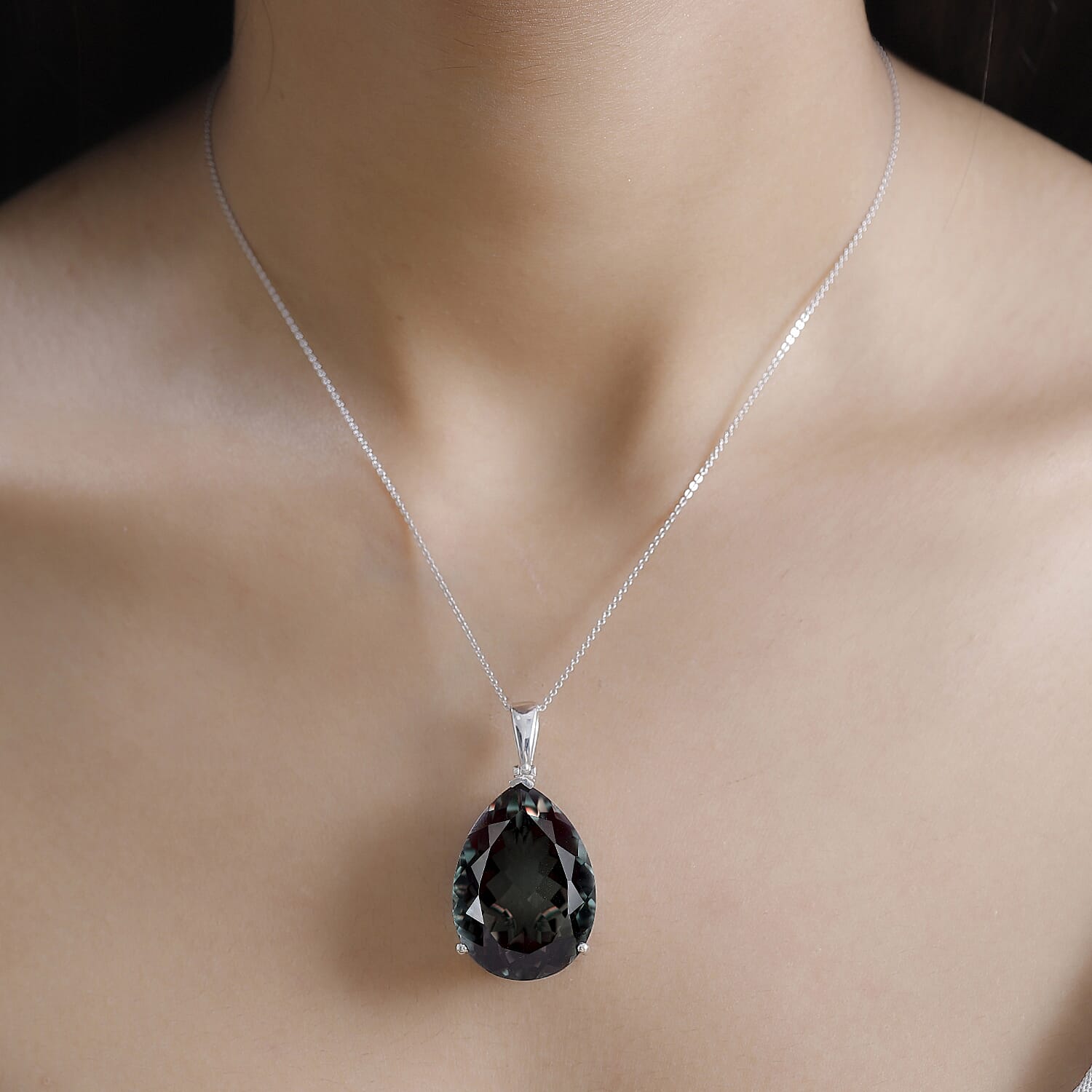 BIGGEST SIZE Alexandrite Triplet Quartz Pendant with Chain (Size 20) in Rhodium Overlay Sterling Silver 53.69 Ct.