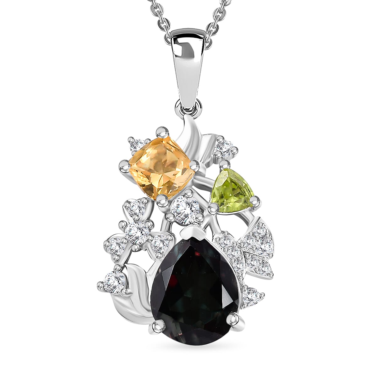 Alexandrite Triplet Quartz, White Zircon, Peridot, Citrine Pendant with Chain (Size 20) in Rhodium Overlay Sterling Silver 3.86 Ct.