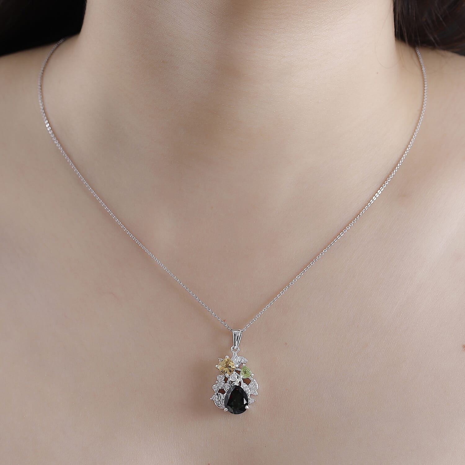 Alexandrite Triplet Quartz, White Zircon, Peridot, Citrine Pendant with Chain (Size 20) in Rhodium Overlay Sterling Silver 3.86 Ct.
