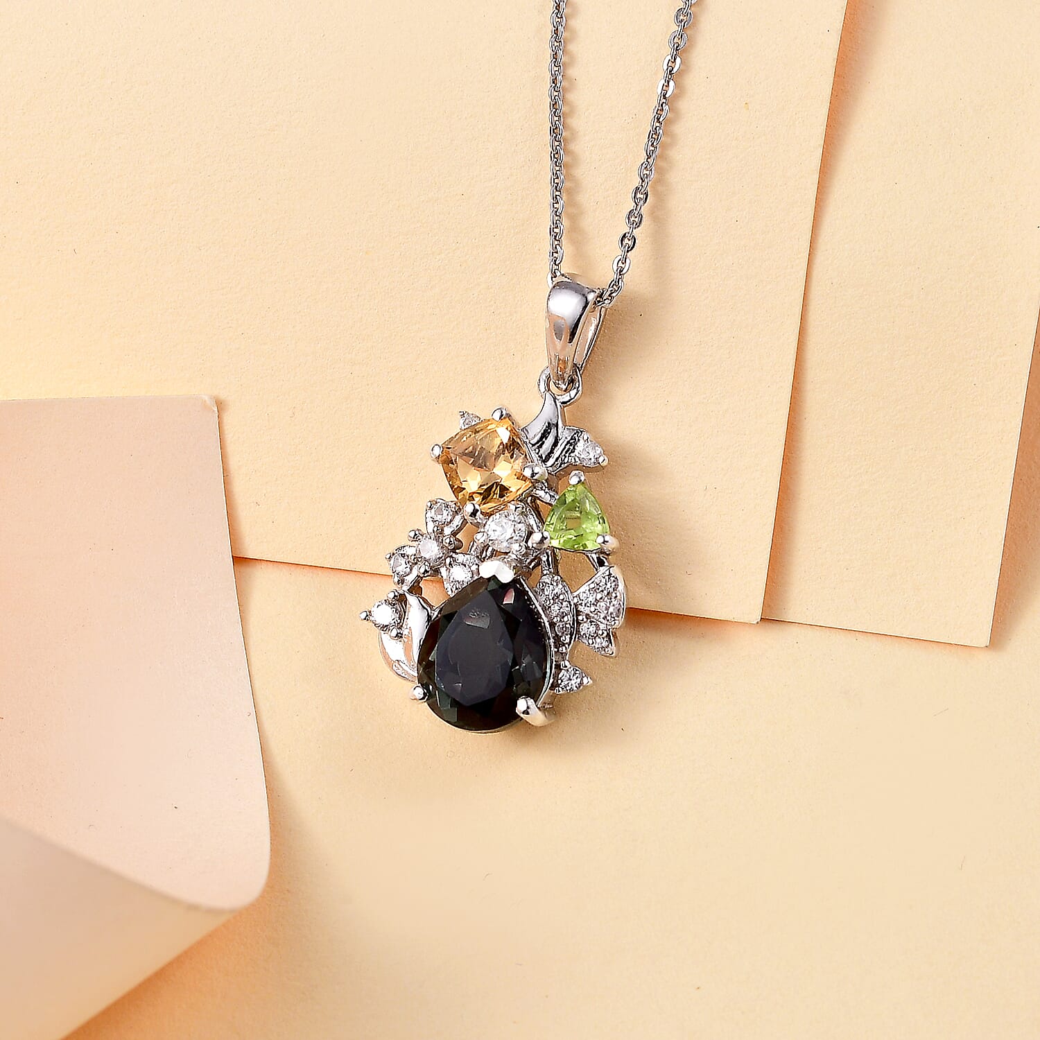 Alexandrite Triplet Quartz, White Zircon, Peridot, Citrine Pendant with Chain (Size 20) in Rhodium Overlay Sterling Silver 3.86 Ct.