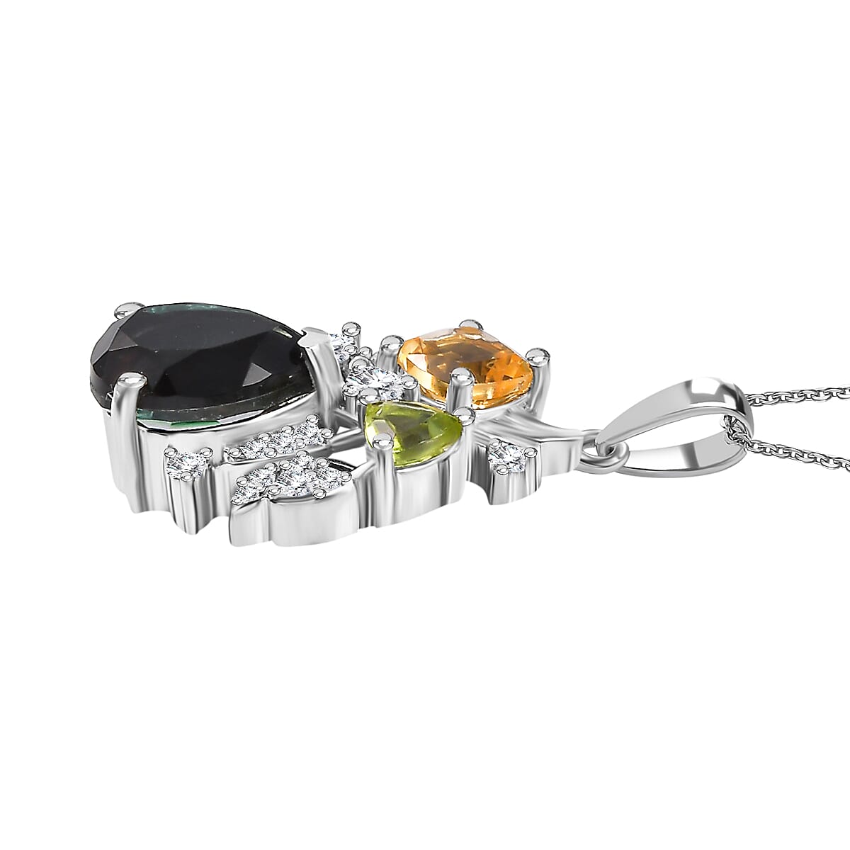 Alexandrite Triplet Quartz, White Zircon, Peridot, Citrine Pendant with Chain (Size 20) in Rhodium Overlay Sterling Silver 3.86 Ct.