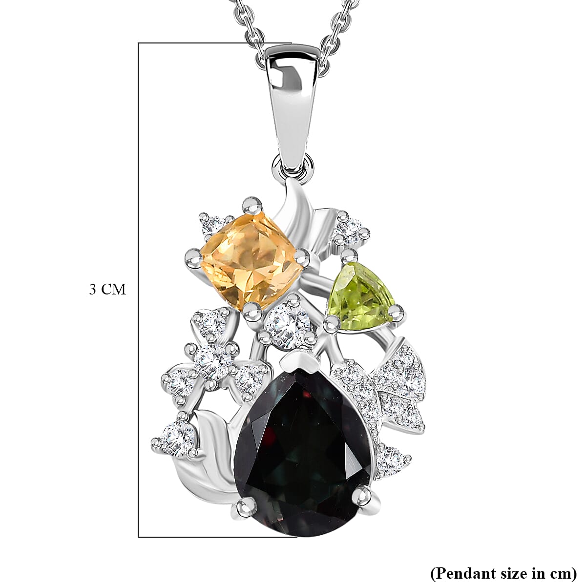 Alexandrite Triplet Quartz, White Zircon, Peridot, Citrine Pendant with Chain (Size 20) in Rhodium Overlay Sterling Silver 3.86 Ct.