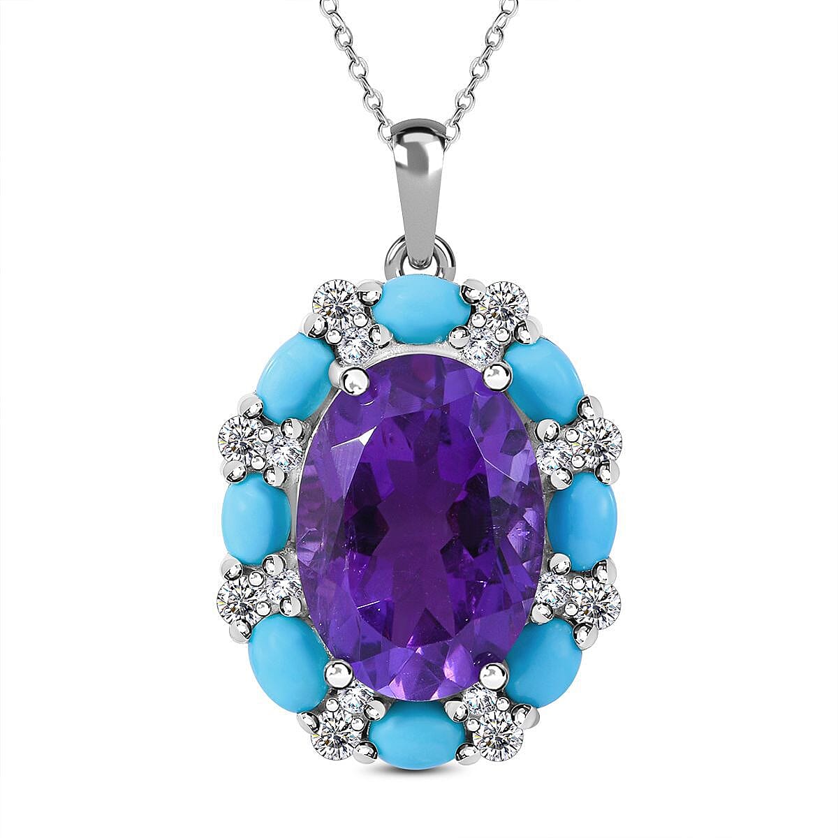Amethyst, Arizona Sleeping Beauty Turquoise and Natural Zircon Pendant with Chain (Size 18) in Rhodium Overlay Sterling Silver 7.660 Ct.