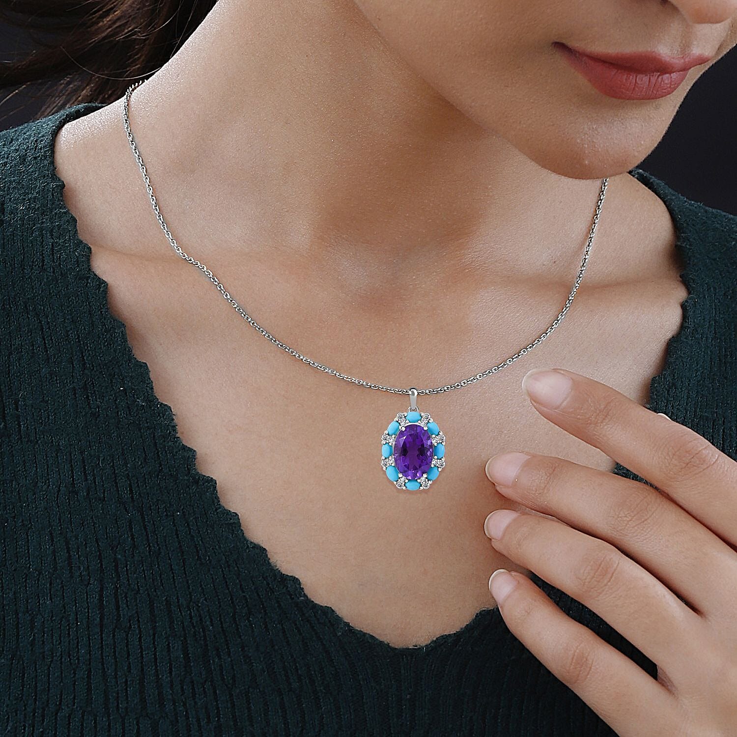 Amethyst, Arizona Sleeping Beauty Turquoise and Natural Zircon Pendant with Chain (Size 18) in Rhodium Overlay Sterling Silver 7.660 Ct.