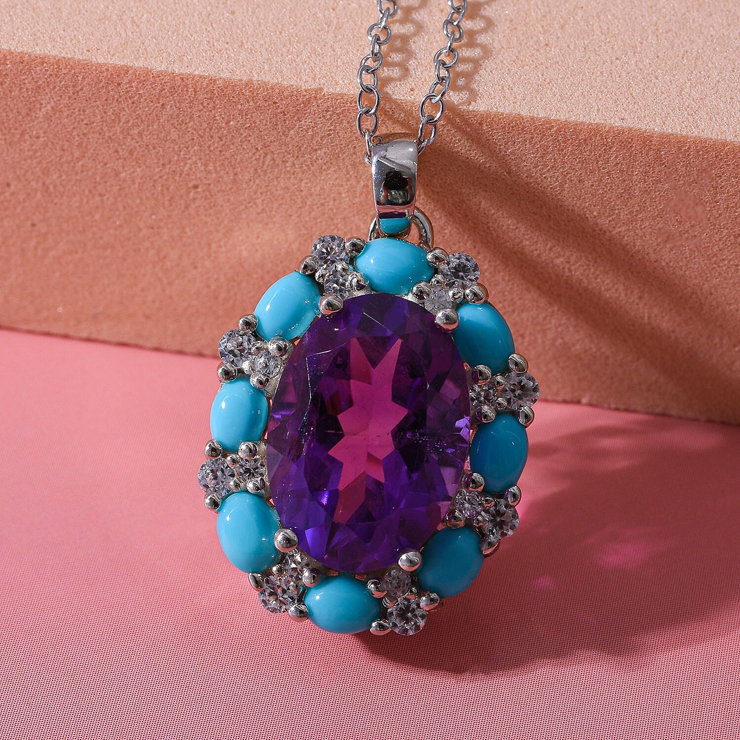 Amethyst, Arizona Sleeping Beauty Turquoise and Natural Zircon Pendant with Chain (Size 18) in Rhodium Overlay Sterling Silver 7.660 Ct.