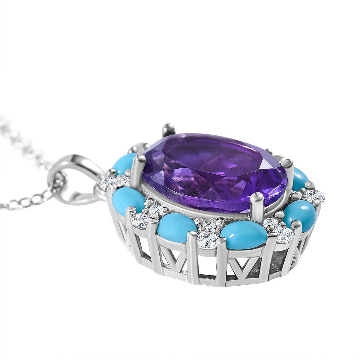 Amethyst, Arizona Sleeping Beauty Turquoise and Natural Zircon Pendant with Chain (Size 18) in Rhodium Overlay Sterling Silver 7.660 Ct.