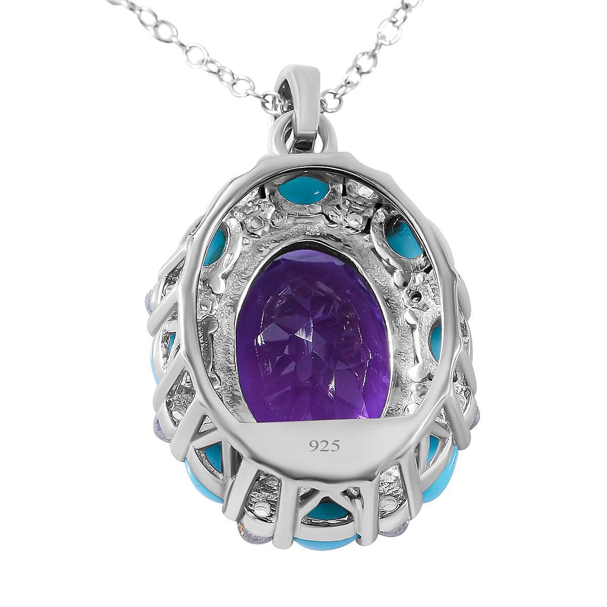Amethyst, Arizona Sleeping Beauty Turquoise and Natural Zircon Pendant with Chain (Size 18) in Rhodium Overlay Sterling Silver 7.660 Ct.