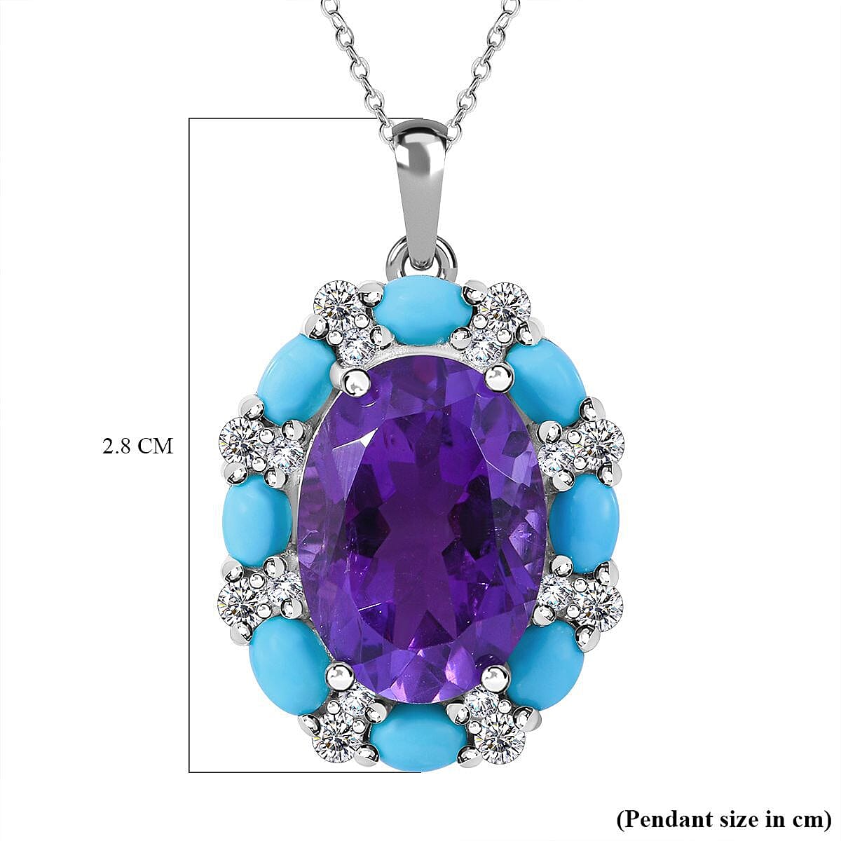 Amethyst, Arizona Sleeping Beauty Turquoise and Natural Zircon Pendant with Chain (Size 18) in Rhodium Overlay Sterling Silver 7.660 Ct.