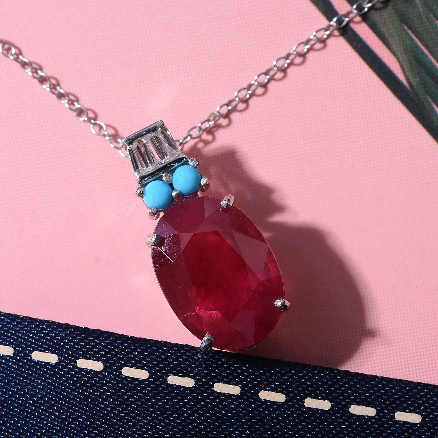 African Ruby, Arizona Sleeping Beauty Turquoise and Natural Zircon Pendant with Chain (Size -18) in Rhodium Overlay Sterling Silver 9.15 Ct.