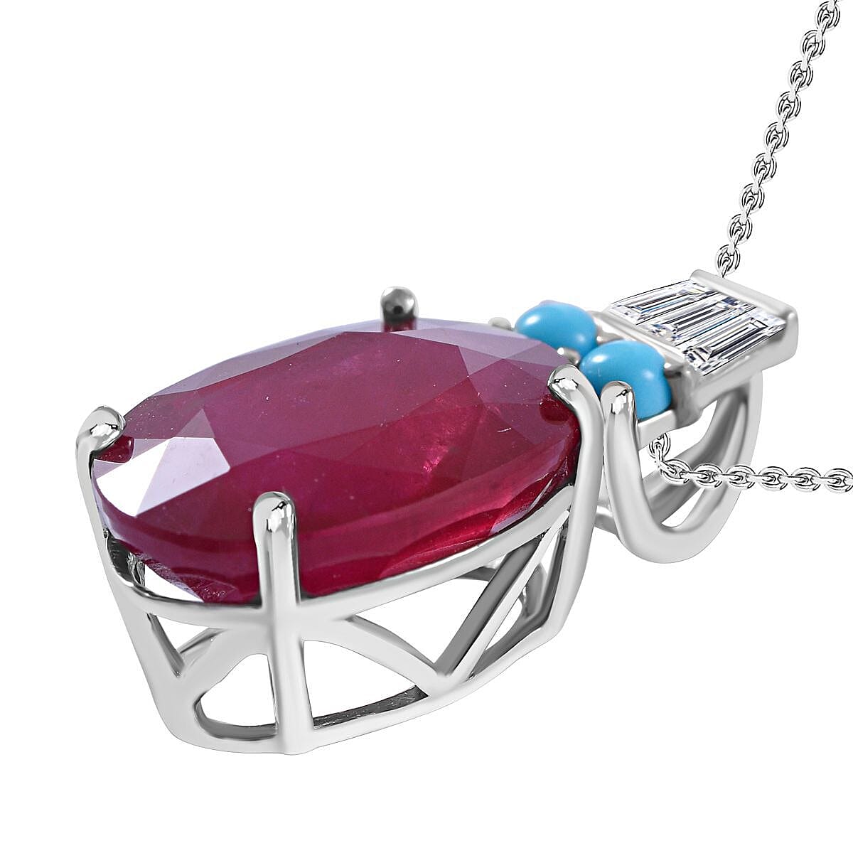 African Ruby, Arizona Sleeping Beauty Turquoise and Natural Zircon Pendant with Chain (Size -18) in Rhodium Overlay Sterling Silver 9.15 Ct.
