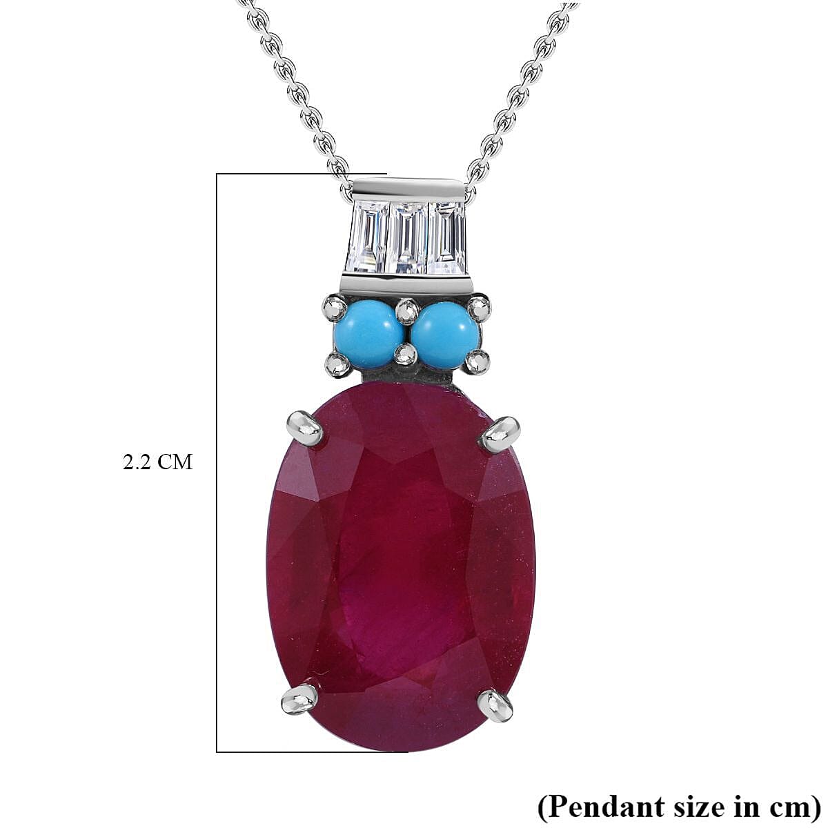 African Ruby, Arizona Sleeping Beauty Turquoise and Natural Zircon Pendant with Chain (Size -18) in Rhodium Overlay Sterling Silver 9.15 Ct.