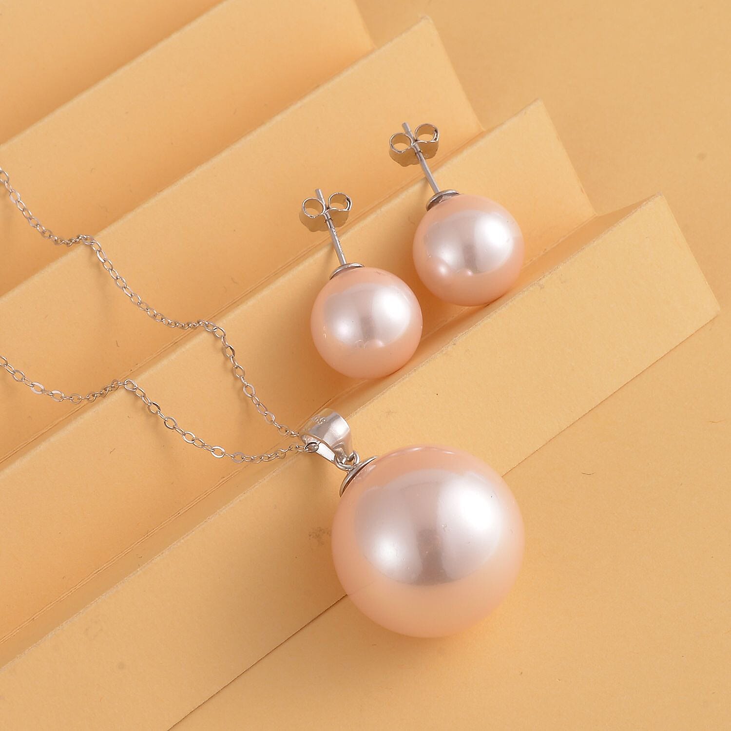 2 Piece Set - Pink Shell Pearl Pendant with Chain ( Size 20) and Earrings (With Push Back) in Rhodium Overlay Sterling Silver