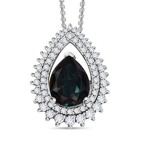 Alexandrite Triplet Quartz, White Zircon Double Halo Drop Pendant with Chain (Size 20) in Rhodium Overlay Sterling Silver