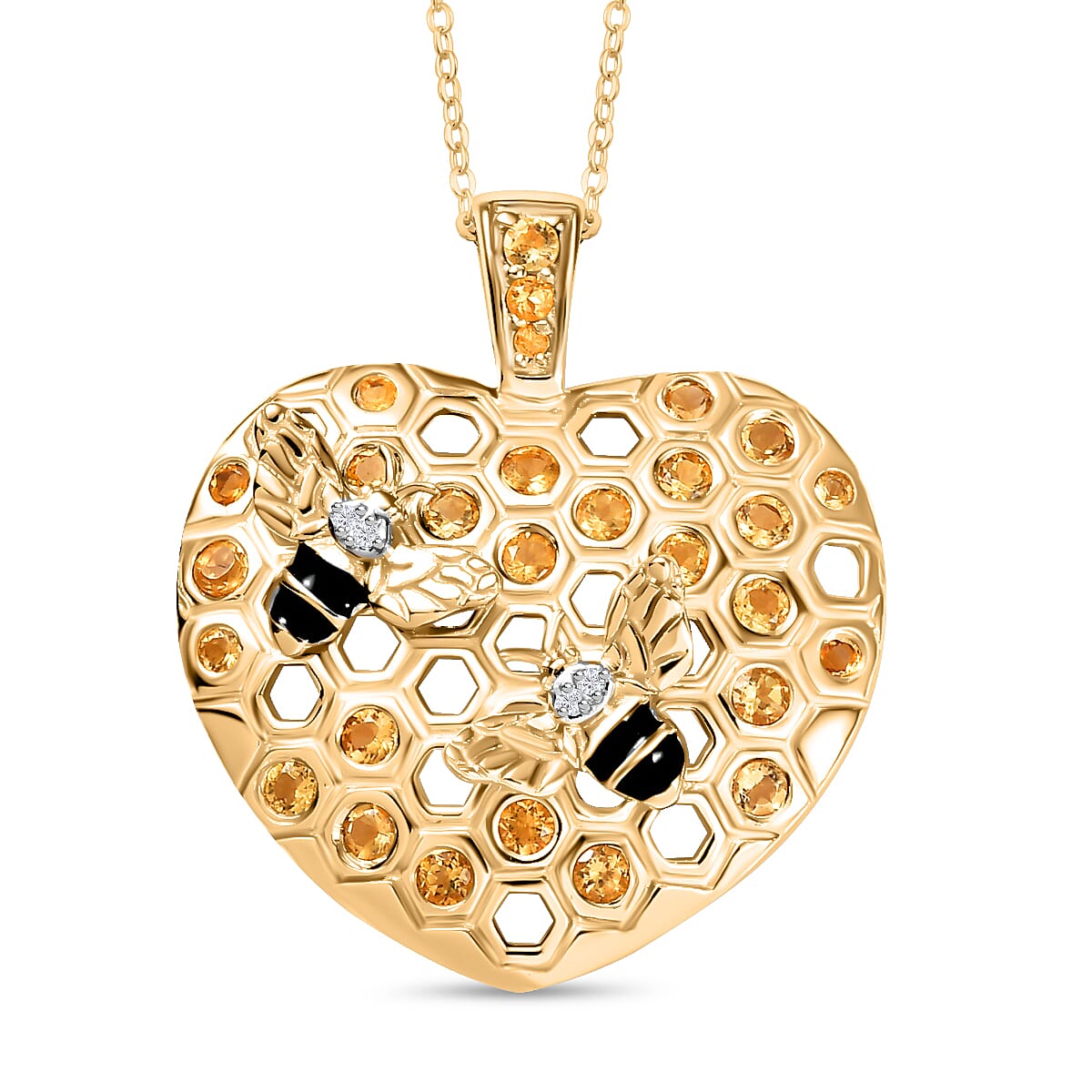 GP Honey Comb Collection - Citrine, White Zircon & Blue Sapphire Pendant with Chain (Size - 20) in 18K Vermeil Yellow Gold Plated Sterling Silver 1.00 Ct.