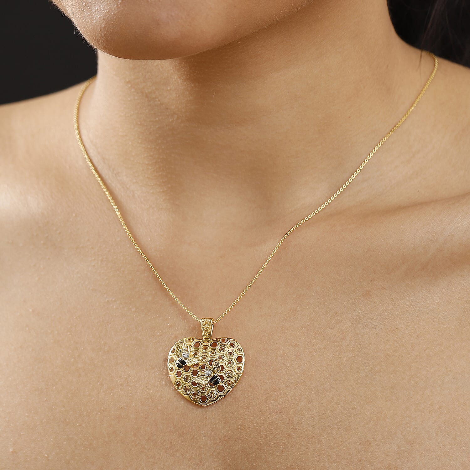 GP Honey Comb Collection - Citrine, White Zircon & Blue Sapphire Pendant with Chain (Size - 20) in 18K Vermeil Yellow Gold Plated Sterling Silver 1.00 Ct.