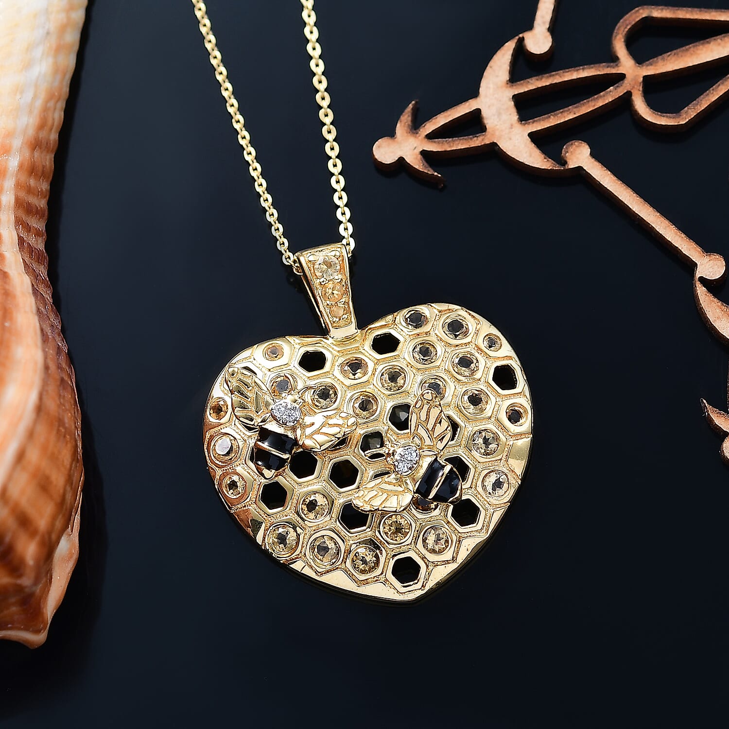 GP Honey Comb Collection - Citrine, White Zircon & Blue Sapphire Pendant with Chain (Size - 20) in 18K Vermeil Yellow Gold Plated Sterling Silver 1.00 Ct.
