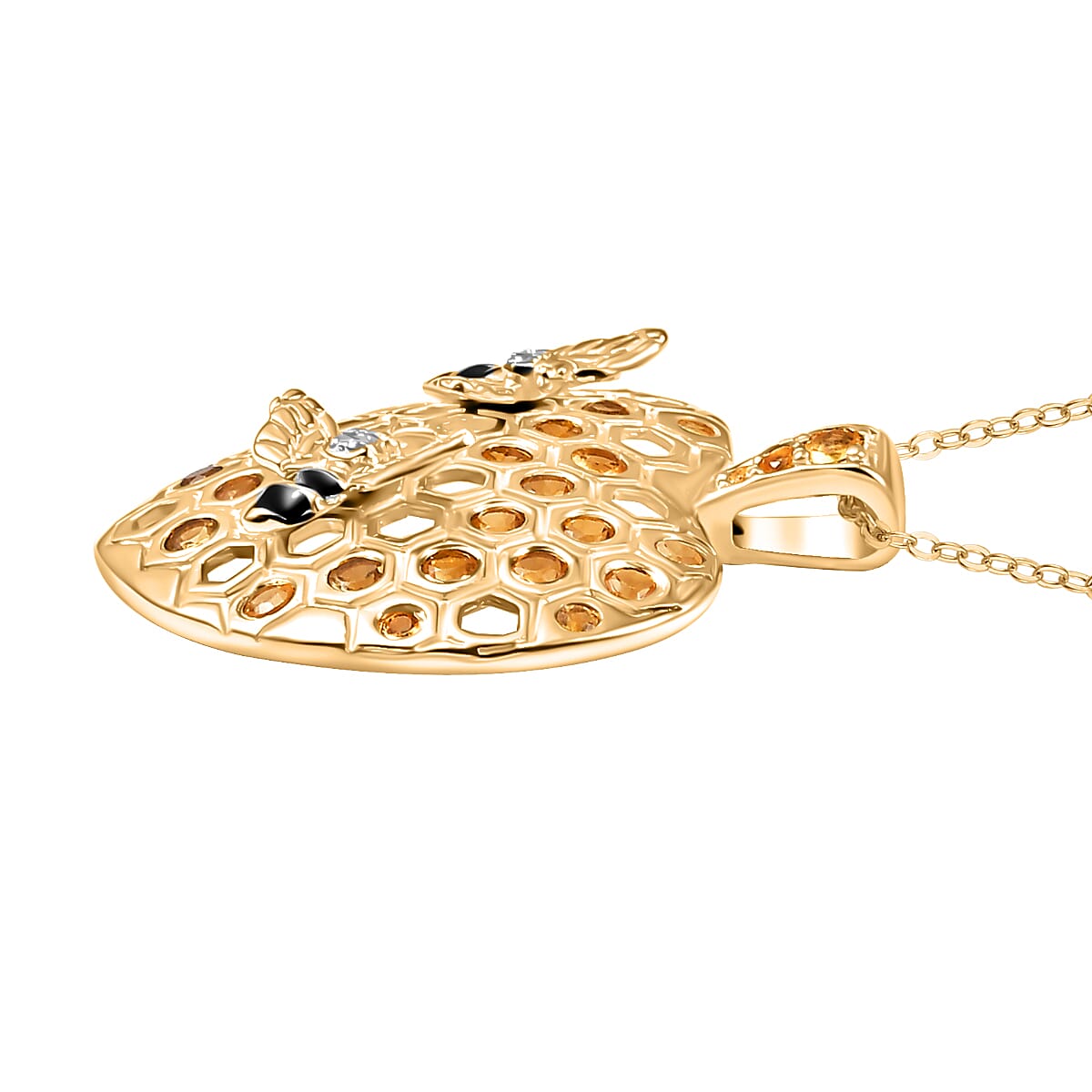GP Honey Comb Collection - Citrine, White Zircon & Blue Sapphire Pendant with Chain (Size - 20) in 18K Vermeil Yellow Gold Plated Sterling Silver 1.00 Ct.