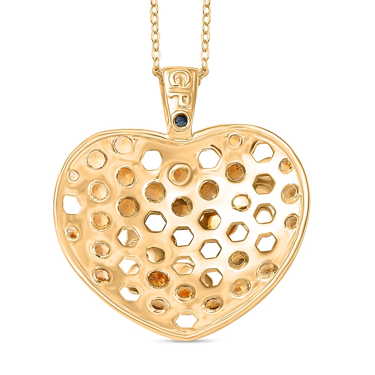 GP Honey Comb Collection - Citrine, White Zircon & Blue Sapphire Pendant with Chain (Size - 20) in 18K Vermeil Yellow Gold Plated Sterling Silver 1.00 Ct.