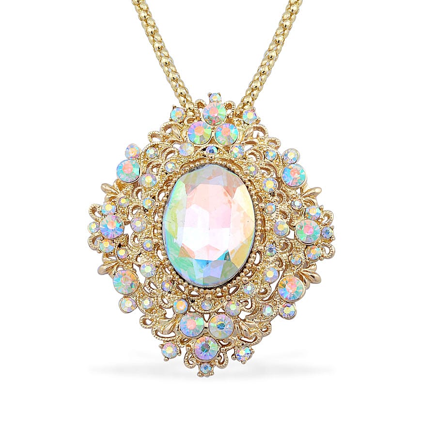 Simulated Mystic White Crystal Pendant with Chain (Size - 24-2) in Yellow Gold Tone