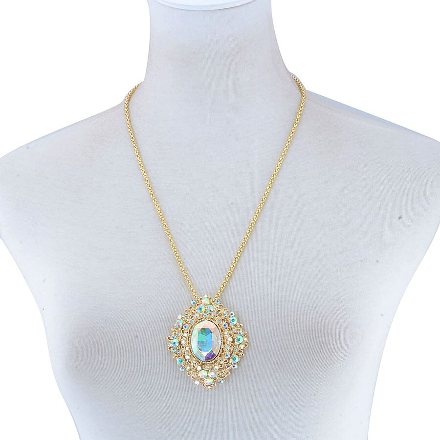 Simulated Mystic White Crystal Pendant with Chain (Size - 24-2) in Yellow Gold Tone
