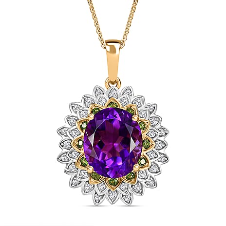 Moroccan Amethyst, Natural Chrome Diopside & White Zircon Pendant with Chain (Size 20) in 18K YG Vermeil Sterling Silver Silver 5.26 Ct