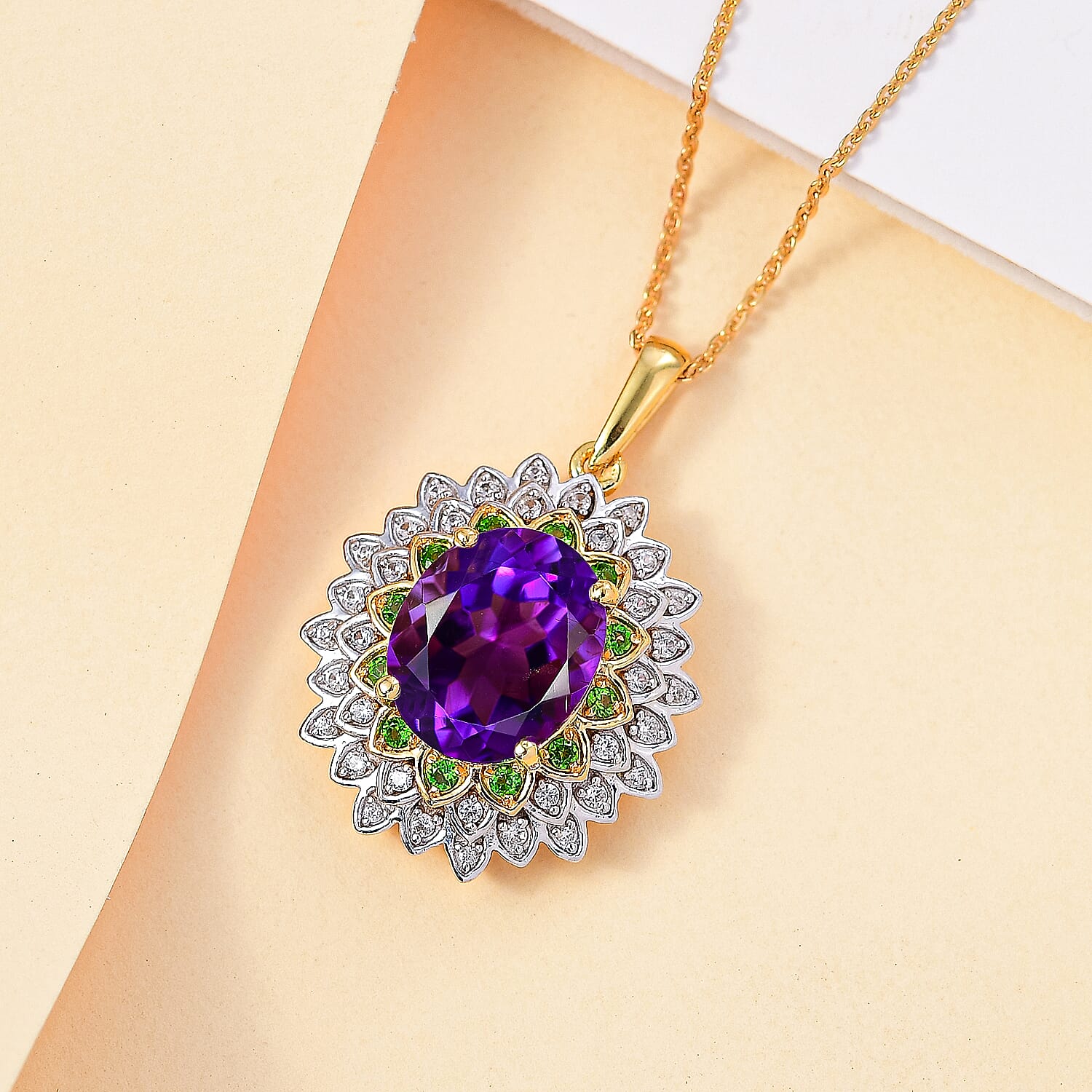 Moroccan Amethyst, Natural Chrome Diopside & White Zircon Pendant with Chain (Size 20) in 18K YG Vermeil Sterling Silver Silver 5.26 Ct