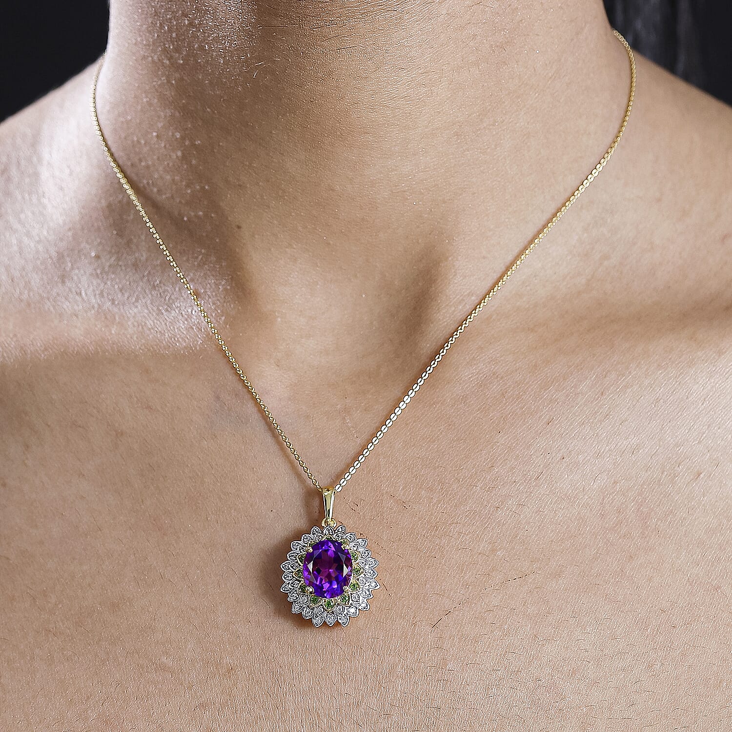 Moroccan Amethyst, Natural Chrome Diopside & White Zircon Pendant with Chain (Size 20) in 18K YG Vermeil Sterling Silver Silver 5.26 Ct
