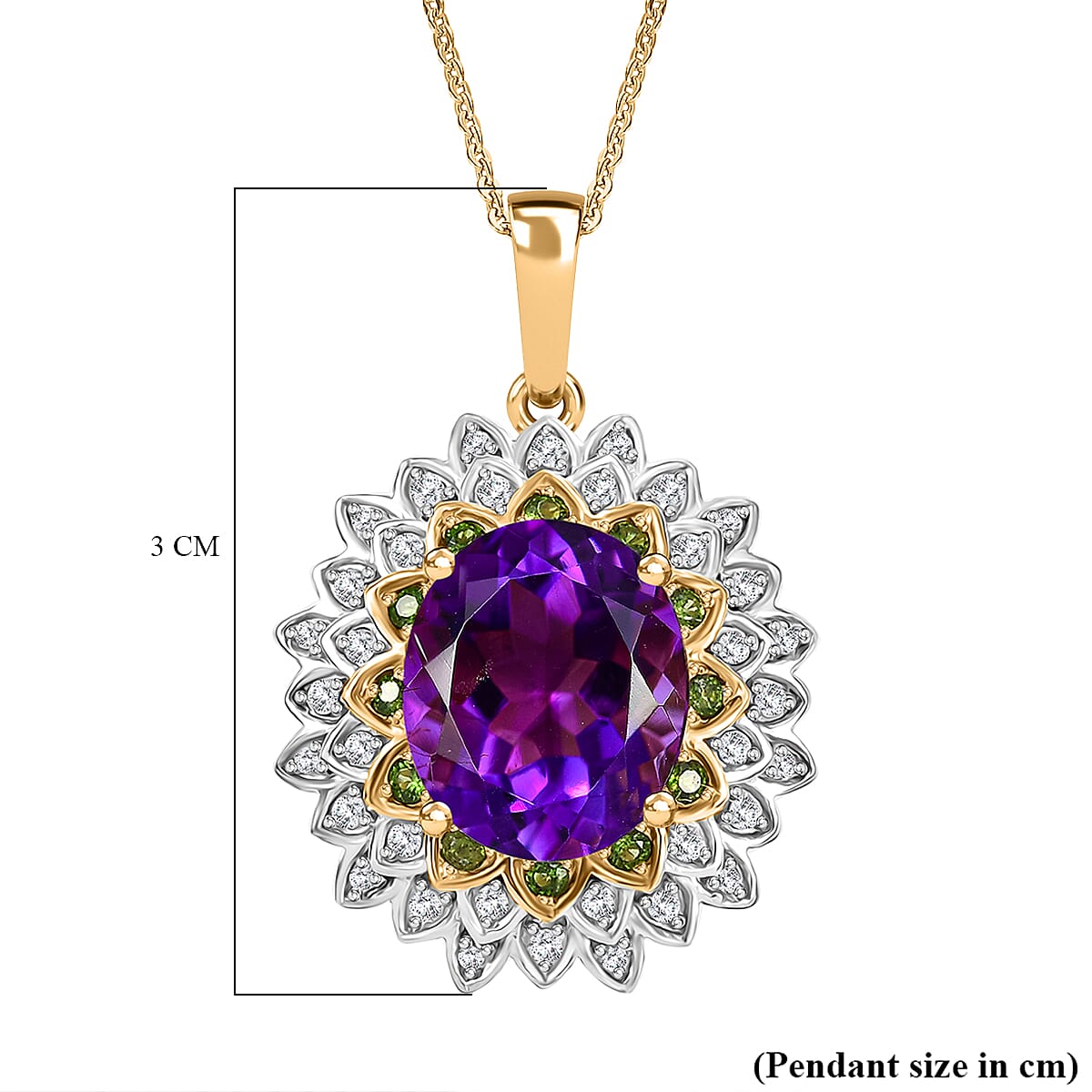Moroccan Amethyst, Natural Chrome Diopside & White Zircon Pendant with Chain (Size 20) in 18K YG Vermeil Sterling Silver Silver 5.26 Ct