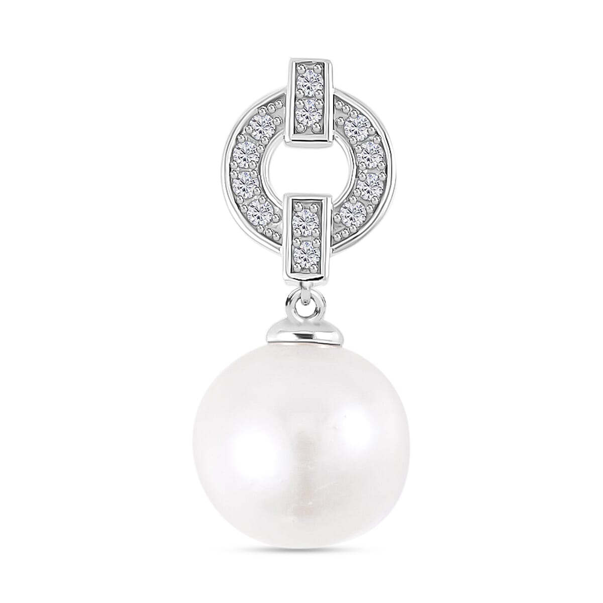 Designer Inspired - White Edison Pearl ( 12-13MM ) Pendant with Chain (Size - 18) in Rhodium Overlay Sterling Silver