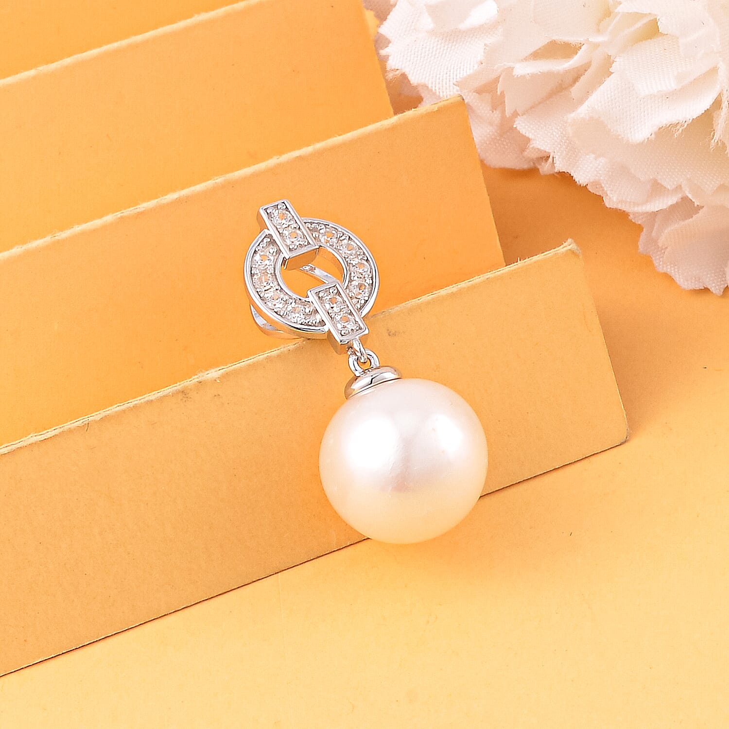 Designer Inspired - White Edison Pearl ( 12-13MM ) Pendant with Chain (Size - 18) in Rhodium Overlay Sterling Silver