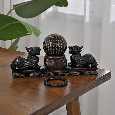 Handcrafted Pi Xiu Feng Shui Obsidian Figurine Sculptures With Stand & Stretchable Bracelet (Size - 7-7.5) - Presented in a Gift Box 11715.00 Ct.