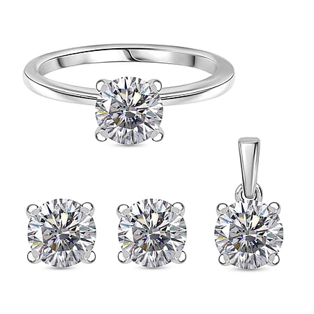 3 Piece Set - Moissanite Solitaire Ring, Solitaire Pendant and Solitaire Stud Earrings in Rhodium Overlay Sterling Silver 2.46 Ct.