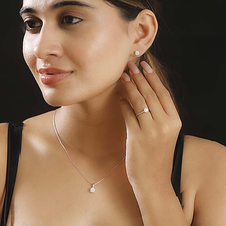 3 Piece Set -  Moissanite Solitaire Stud Push Post Earring and Solitaire Pendant and Solitaire Ring in rhodium Sterling Silver  2.460  Ct.