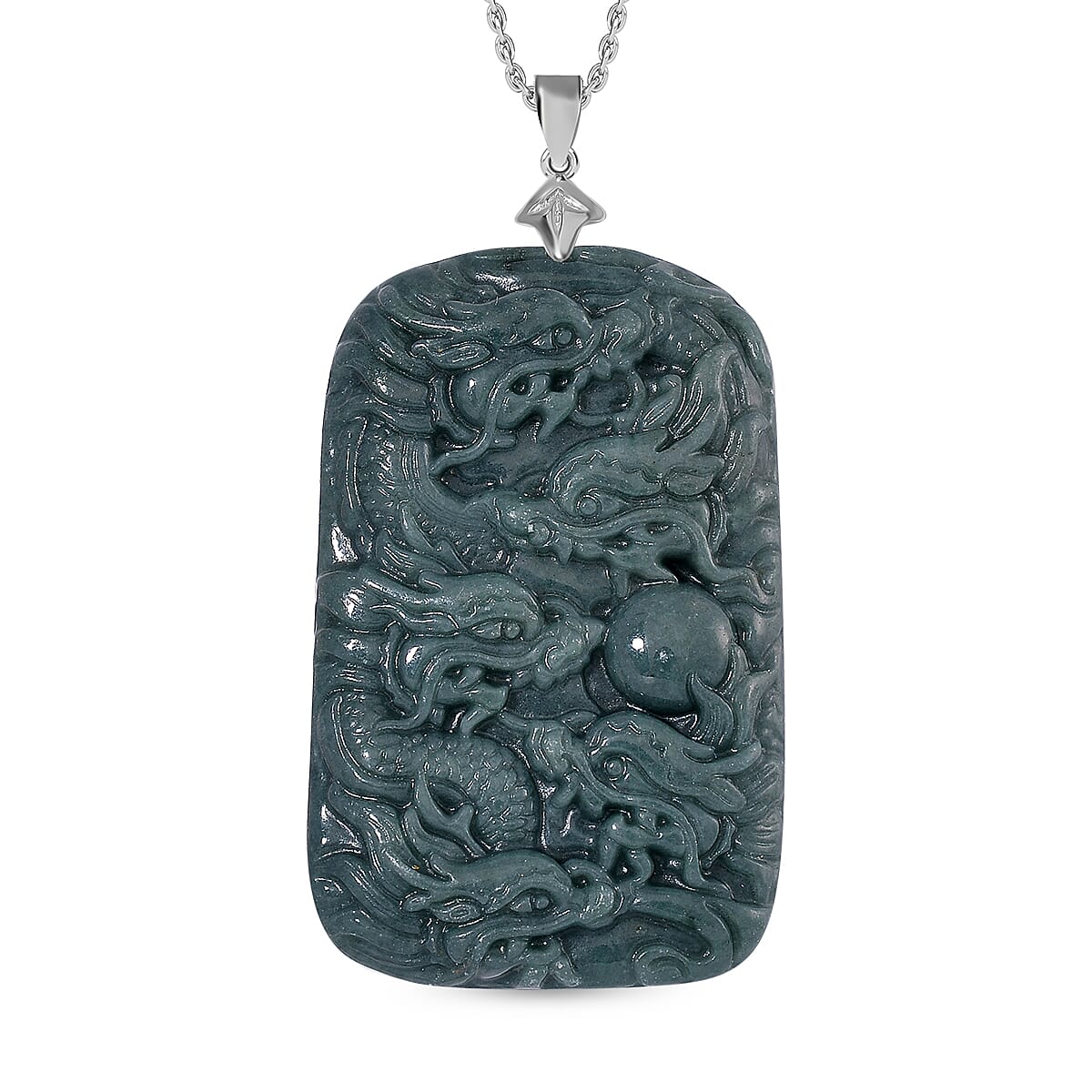 Extemely Rare Gautemala Type A Olmec Jadeite Pendant with Chain in Lobster Clasp (Size 20) in Rhodium Overlay Sterling Silver 224.00 Ct. - Rectangle