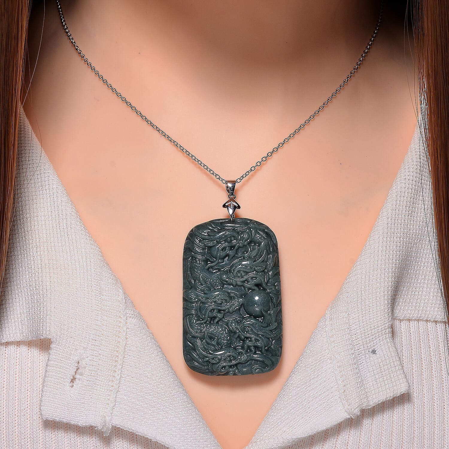 Extemely Rare Gautemala Type A Olmec Jadeite Pendant with Chain in Lobster Clasp (Size 20) in Rhodium Overlay Sterling Silver 224.00 Ct. - Rectangle