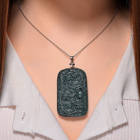 Extemely Rare Gautemala Type A Olmec Jadeite Pendant with Chain in Lobster Clasp (Size 20) in Rhodium Overlay Sterling Silver 224.00 Ct. - Rectangle