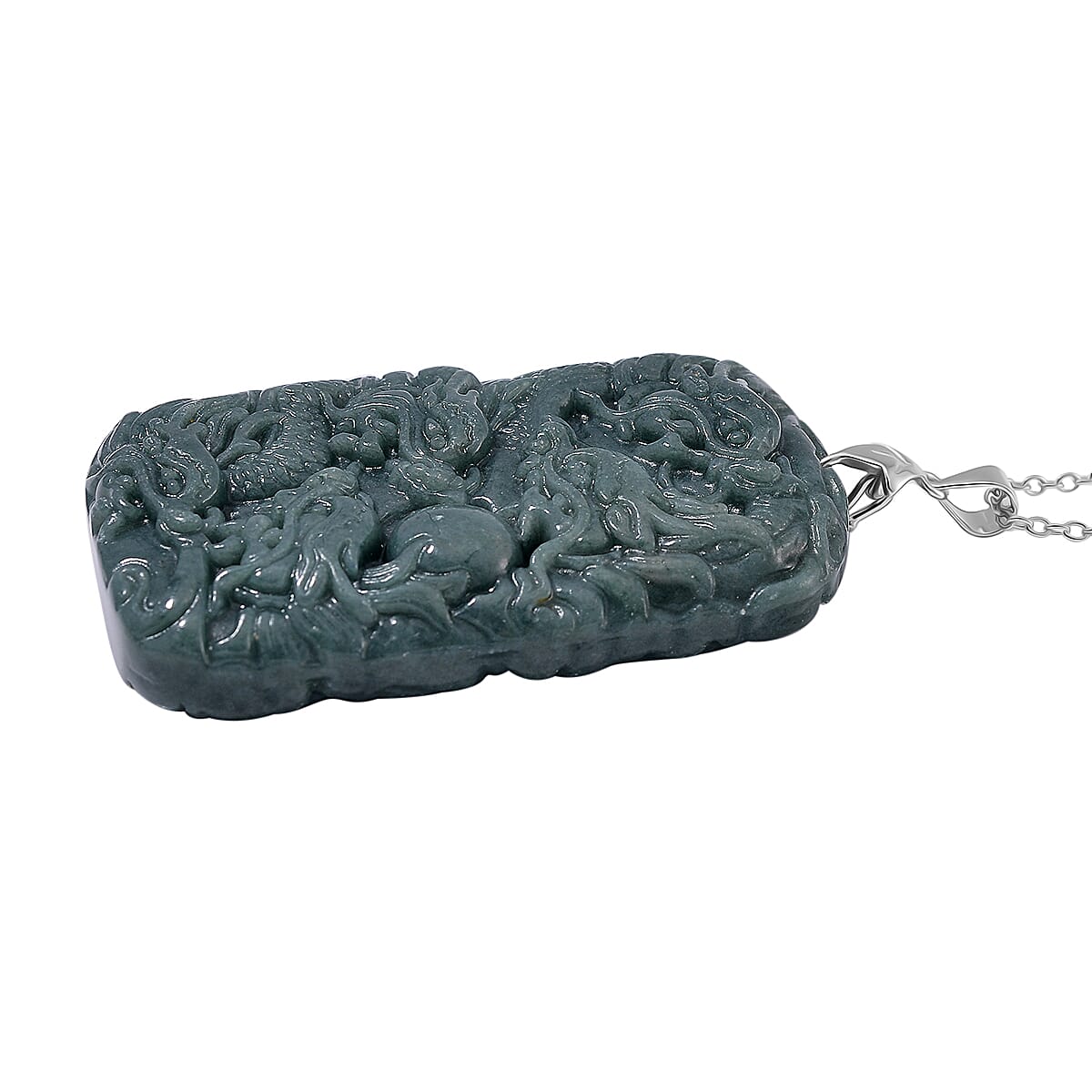 Extemely Rare Gautemala Type A Olmec Jadeite Pendant with Chain in Lobster Clasp (Size 20) in Rhodium Overlay Sterling Silver 224.00 Ct. - Rectangle