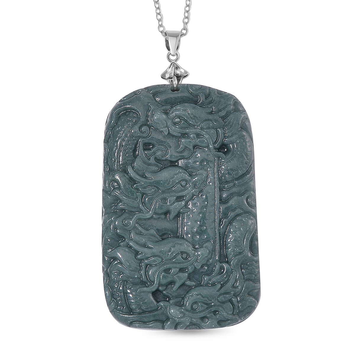 Extemely Rare Gautemala Type A Olmec Jadeite Pendant with Chain in Lobster Clasp (Size 20) in Rhodium Overlay Sterling Silver 224.00 Ct. - Rectangle