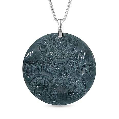 Extemely Rare Gautemala Type A Olmec Jadeite Pendant with Chain in Lobster Clasp (Size 20) in Rhodium Sterling Silver  115.0 Ct. - Round