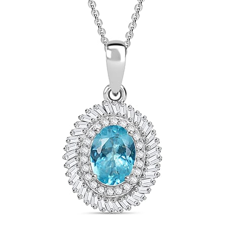 Lagoon Apatite & White Diamond Pendant with Chain (Size - 20) in Rhodium Overlay Sterling Silver 1.60 Ct.