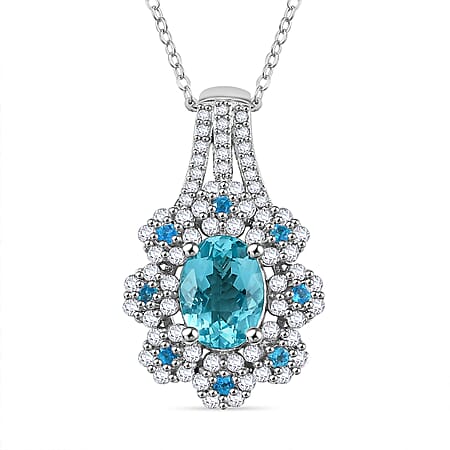Lagoon Apatite, White Zircon & Neon Apatite Pendant with Chain (Size - 20) in Rhodium Overlay Sterling Silver 2.04 Ct. Lagoon Apatite, White Zircon & Neon Apatite Pendant with Chain (Size - 20) in Rhodium Overlay Sterling Silver 2.04 Ct.