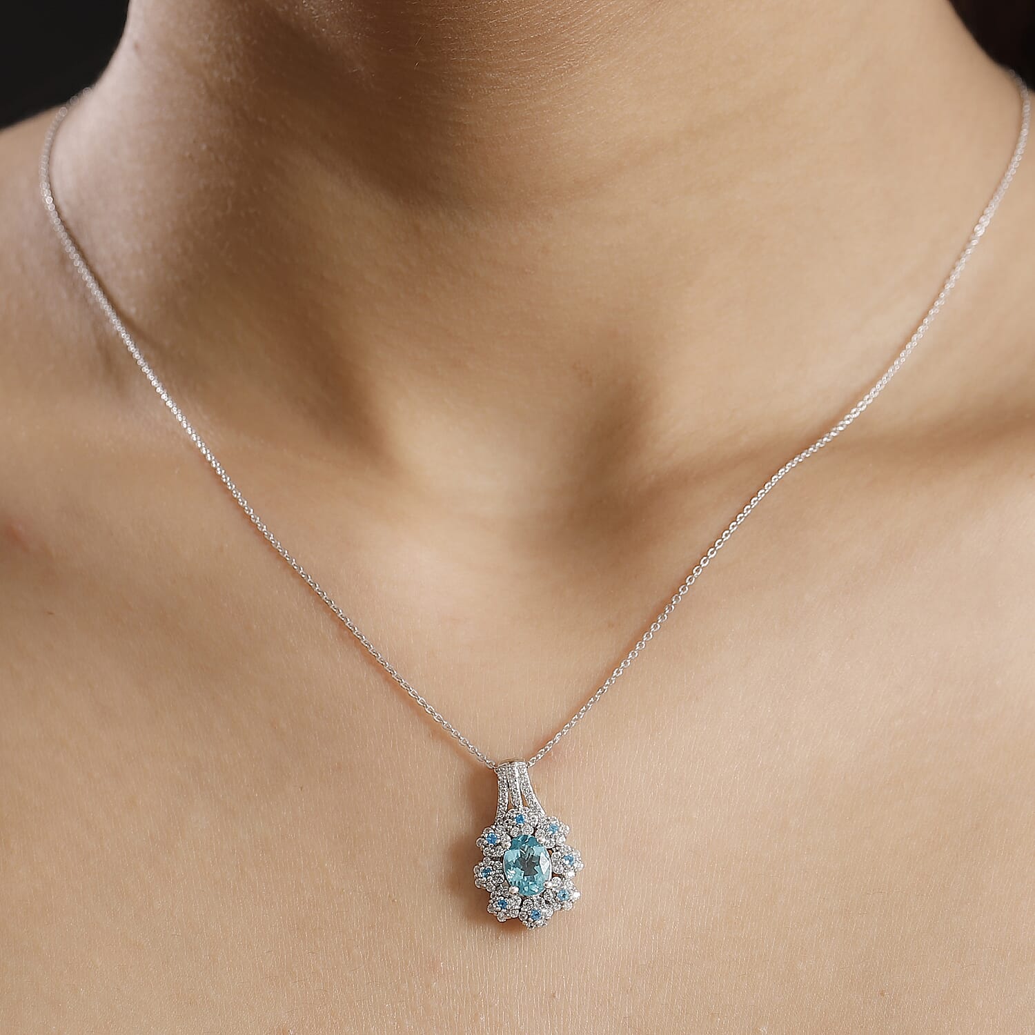 Lagoon Apatite, White Zircon & Neon Apatite Pendant with Chain (Size - 20) in Rhodium Overlay Sterling Silver 2.04 Ct.
