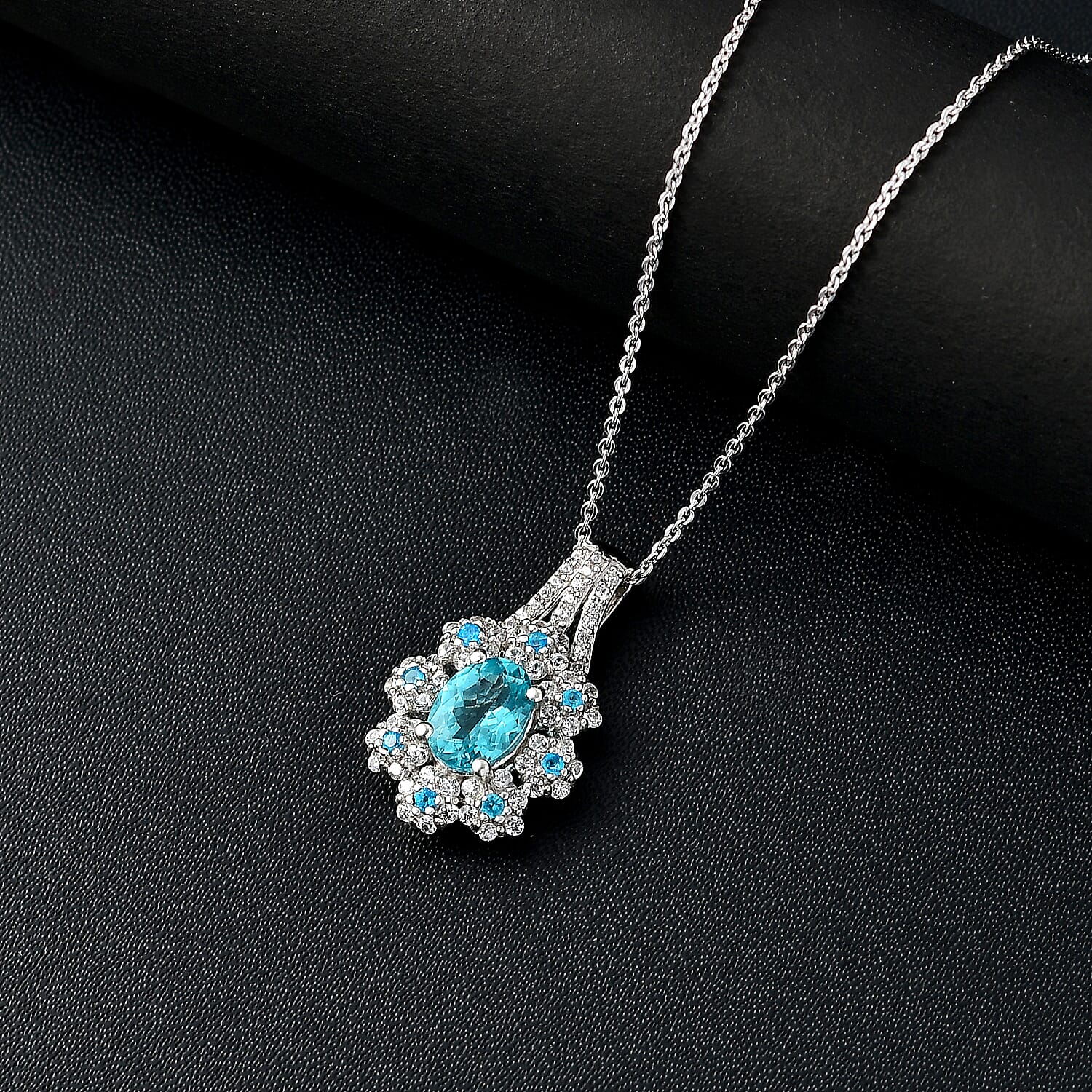 Lagoon Apatite, White Zircon & Neon Apatite Pendant with Chain (Size - 20) in Rhodium Overlay Sterling Silver 2.04 Ct.